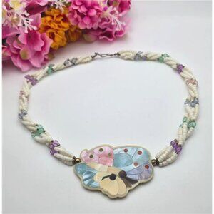 Vintage Shell Inlay Necklace Multi Strand Heshi Bead Abstract Floral Pendant 23"